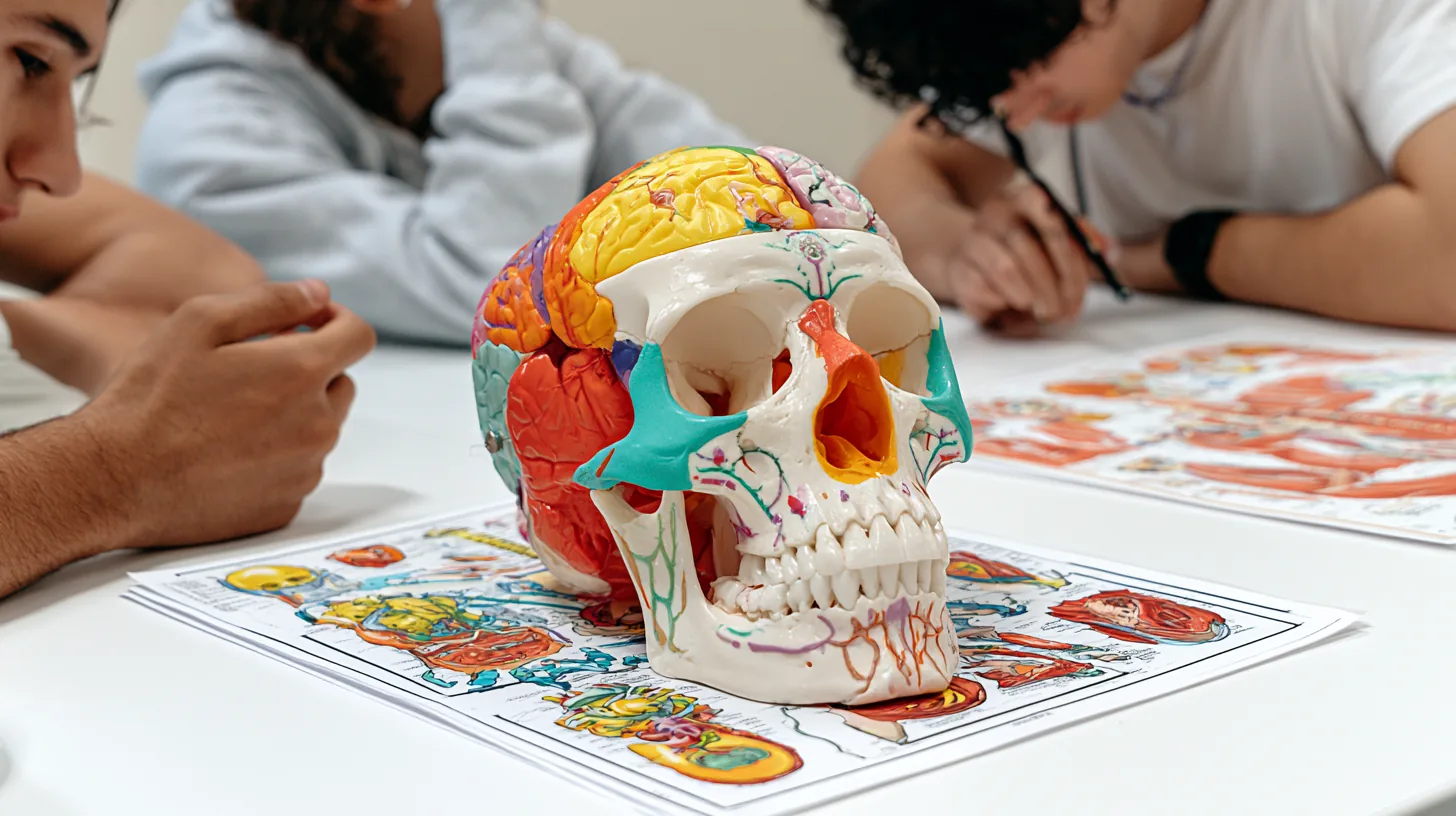 Anatomisches Schädelmodell mit farbig markierten Strukturen im Präparierkurs – Anatomie und Präpkurs im Zahnmedizinstudium